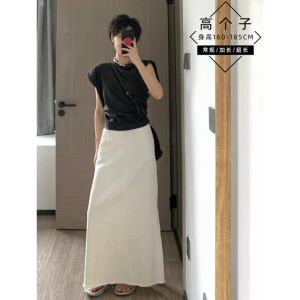 Extended Length Linen Half Skirt Womens Summer Slimming Drapey Skirt High Waist Korean Style Commute Pure Color Long Skirt