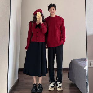 Red Knitted Sweater Couple Matching Vintage Christmas Style New Year Visit Clothing Versatile Snake Year Design Sweet Style