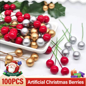 YESPERY 100Pcs Mini Christmas Berries Red Gold Silver Artificial Holly Stem Christmas Tree Ornaments Home Decoration