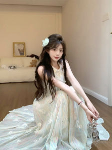 Váy Dài Cổ Chữ a Màu Xanh Lá Cây Chuyển Màu Bohemian Mùa Hè Cho Nữ Váy Dài Thường Ngày Không Tay Cổ Tròn Không Khóa Kéo