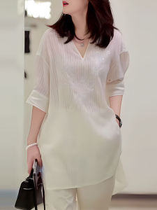 UYFY | Elegant V-neck Embroidered Split Midi Shirt Womens Loose Fit Breathable Plus Size Slimming Versatile Top For Autumn