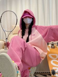 OOTD Korean Pink Casual Sportswear Suit Female Online Influencer Fall and Winter Fancy Sweatshirt and Sweatpants Western Style Two-Piece Suit