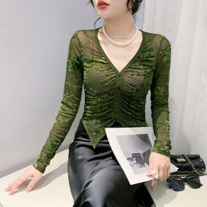 YIMEI เสื้อแขนยาวลายตาข่ายคอวีสำหรับกระดุมใบไม้ผลิ2024เสื้อยืดผ้าแจ็คการ์ดผ้าแจ็คการ์ดแบบไม่สม่ำเสมอเสื้อท่อนล่างกระชับสัดส่วนแฟชั่นของผู้หญิงแบบย่นทันสมัย