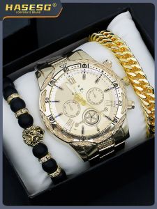 Casual Men's Quartz Watch Set: Three Eye Decorative Bracelet Gift Box, Trendy Student Watch, Alloy Band Pin Buckle, Round Face