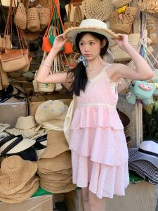 Váy Xếp Ly Ren Dày Mùa Hè Màu Hồng Cho Nữ Váy Hai Mảnh Họa Tiết Hoa Dây Đeo Cổ Chữ V Váy Ngắn Mùa Hè