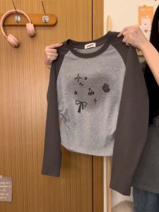 Retro Academic Style Long Sleeve Embroidered Cartoon Shoulder T-Shirt Womens Base Layer Shirt Top New Style Korean Version