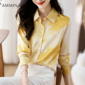 AMMIN 2024 new female fashion temperament casual commuter long sleeve silk shirt Korean style loose matching printed chiffon top