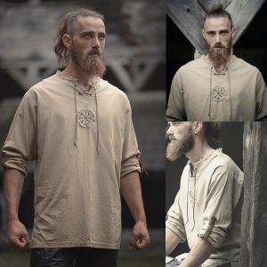 Fashion 5 Colors Linen Man Shirt with Ancient Viking Embroidery Long Sleeve Cotton Casual Slim Shirt