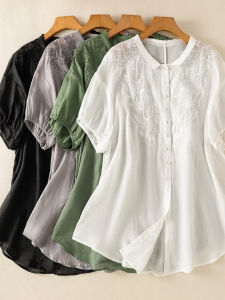 เสื้อเชิ้ตผ้าลินินปักลายสไตล์ย้อนยุคสำหรับผู้หญิง ทรงหลวม แขนสั้น ปิดด้วยกระดุม ปกตั้ง ป้องกันรังสียูวี ฤดูร้อน 2025