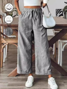 Casual Striped Wide Leg Pants Drawstring Elastic Waist Straight Leg Trousers Ladies Comfortable Breathable Skin-Friendly