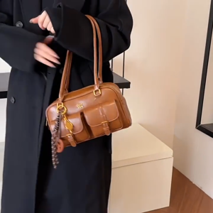 Korean Retro Vintage Brown Multi-Pocket Shoulder Bag | Retro PU Leather Handbag