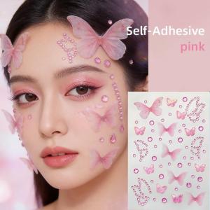 1Pc 3D Pink Butterfly Gem Face Tattoo Sticker Tulle Butterfly&Round Rhinestone Tattoos Self-Adhesive Decor for Makeup Body Decor