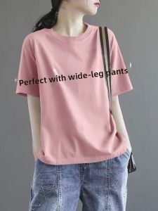LINGLONGDAI | Pure Cotton Pink Short Sleeve Round Neck T-Shirt Women Summer Loose Slimming Casual Style Versatile Base Shirt Trendy Brand