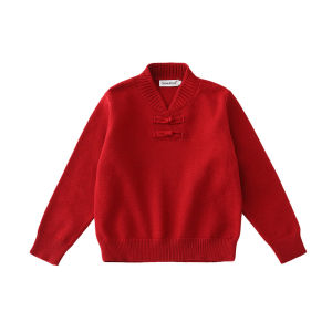 New Chinese Style Family Matching Clothes Red Knitted Sweater with Button New Year Outfit Mother Daughter Skirt Dress Children