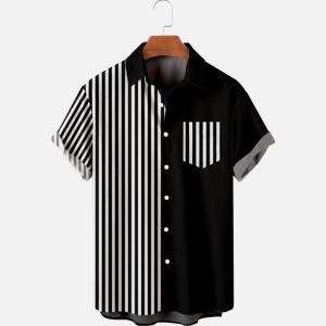 Retro 3D Striped plus Size Lapel Shirt Mens Casual Loose Fit Short Sleeve Printed Shirt Turn-down Collar All Seasons