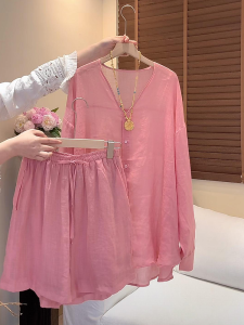 Shalldoer | Summer Fashion Korean Style Pink V-neck Sun Protection Shirt Loose Casual Waist Elastic Shorts Two-piece Set For Young Women