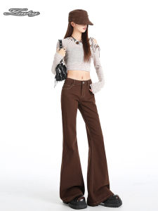 Low Waist Bell Bottom Denim Jeans Womens Fall New Style American Style Casual Cotton Pants Bootcut Trousers Coffee Color