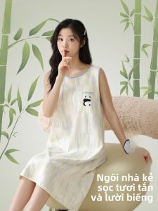 MiiOW | Đồ ngủ cotton không tay dài vừa phải mùa hè cho nữ Đồ ngủ cotton ngọt ngào có đệm ngực Chống điểm tr�n thân Đồ ngủ mặc nhà dễ thương