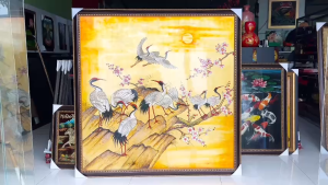 Tranh sơn mài - HẠC ĐÀO - Nền dát vàng cao cấp/ Size 154x154 cm ( size kèm khung)