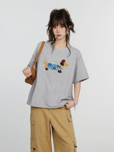 Áo Thun Cotton Tay Ngắn Dáng Rộng Màu Xám Mùa Hè Cho Nữ Áo Thun Dáng Rộng Tay Ngắn Cổ Tròn Họa Tiết Động Vật Dáng Rộng Tay Ngắn