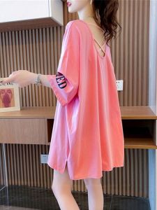 เสื้อยืดคอกลมแขนสั้นผ้าฝ้ายแท้ขนาดใหญ่ ทรงหลวม ทรงหลวม ดีไซน์เปิดหลัง สำหรับผู้หญิง แฟชั่นฤดูร้อน ลำลอง