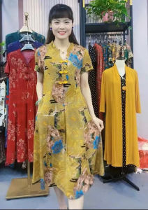 Váy Dài Tay Ngắn Cổ Chữ V Thời Trang Cho Phụ Nữ Trung Niên Mùa Hè Váy Dài Đến Giữa Bắp Chân Váy Công Sở Cao Cấp