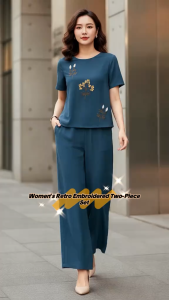 Womens Casual Simple Suit Round Neck Embroidered Short-Sleeve Top And Pants Two-Piece Set L2660