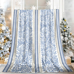 Beast Kingdom | Blue White Stripe Botanical Flannel Blanket Soft Fuzzy Plush Cozy Warm Throw for Sofa Bed Couch Home Decor