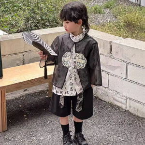 New Chinese Style Mesh Cover up Hanfu Set Summer New Arrival Short Sleeve Trendy Kids Clothing Korean Style Pure Color