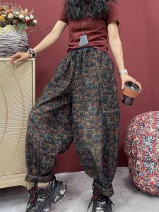 Retro Floral Print Loose Nine-Tenths Denim Harem Pants Womens Fashionable Korean Style Casual Straight Leg Jeans