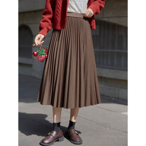 Chic Brown A-Line Skirt High Waist Womens Spring Autumn Commute Pleated Versatile Midi Skirt Small Size Girls Skirts