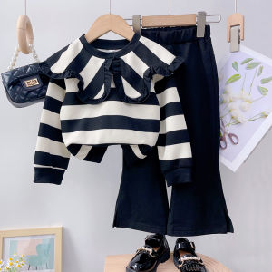 Bear Leader Baby Girls Clothing Set 2024 New Spring Autumn Lace Neck Striped Long Sleeved Top+flared Pants Two Piece Set