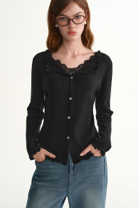 DUSHU | Lace Splicing Turn-down Collar Ribbed Fitted Basic Layering Top