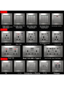 Grey Aluminum Plate Brushed British Standard USB13A Socket TypeC Fast Charge Wall Switch Panel Hong Kong British Standard