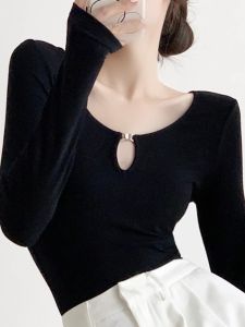 French Style Long Sleeve Low Neck Womens Base Shirt Spring Autumn New Fashion Inner Wear Slim Fit Korean Version Solid Color