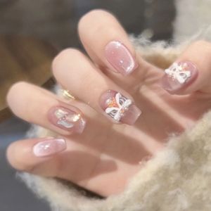 CHUBEISHI | Pink Lion Handmade Cat Eye Nails 2024 New Year Chinese Style Short Nails