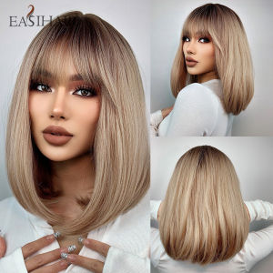 EASIHAIR | EASIHAIR Short Straight Bob Wigs with Bang Golden Brown Natural Synthetic Hair for Women Daily Cosplay Heat Resistant Fiber Wigs
