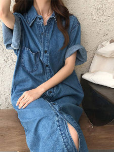 K-style Short Sleeve Loose Plus Size Denim Shirt Dress for Women Mid Length Long Length Slim Looking Dress Spring and Summer Tall Long Dress