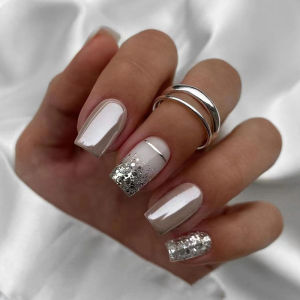 Short Square fake nails for women glossy brown tips golden silver glitters with strips design full cover press on false nail art