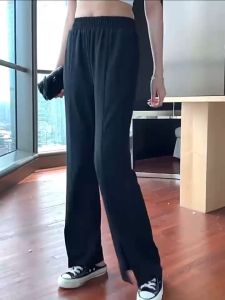CMGE Casual Slit Wide Leg Pants for Women Summer Thin High Waist Loose Straight Suit Trousers C5591