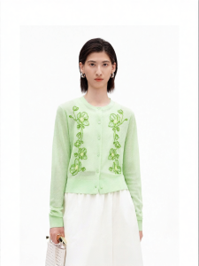Flax-blend Antique Green Knapweed Patterned Knit Cardigan