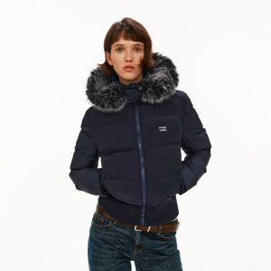 High Density 90 White Duck Down Removable Fur Collar Hooded Short Waist Accentuated Womens Down Jacket
