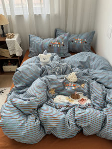 Washed Cotton Four-Piece Set Stripe Padded Bear Towel Embroidery Pure Cotton Student Three-Piece Set Bedding Quilt Cover Sheet