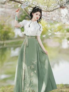 Summer Improvement Han Dynasty New Chinese Style National Style Han Elements Embroider Shirt Short Sleeve with Green Embroidery Embroider Horse-Face Skirt Suit