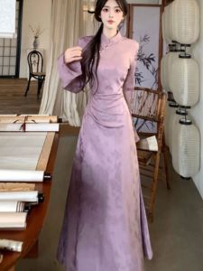Elegant A-Line Midi Dress Womens Spring Autumn New Style Waist-Cinching Meat-Concealing Slimming Chinese National Style Dress