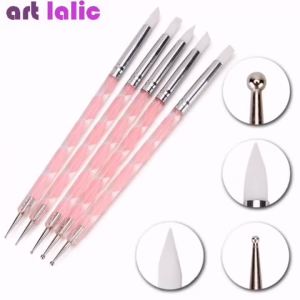 DUTRIEUX | 5Pcs 2 Way Nail Art Acrylic Silicone Point Flower Nail Pen Stainless Steel Dotting Tools Marbleizing Painting Pens Nail Tools