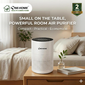 ONE HOME Desktop Air Purifier with Activated Carbon Filter 360 Degree Surround Air Intake Four Stage Purification Smoke Odor and Dust Removal Ultra Quiet Sleep Mode LCD Touch Control Safe for Baby Bedroom Pet Friendly Home