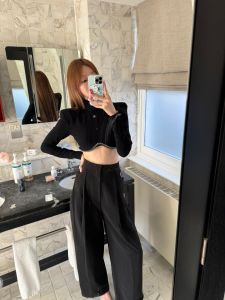 High Waist Draped Casual Pants Womens Cut Pocket Straight Leg Pants Slimming Effect Fashionable Commute Length Full Size