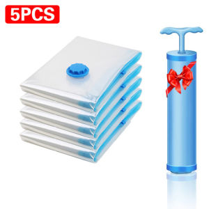 Fypo 5Pcs Vacuum Storage Bags with pump Space Saver Bag Vacuume Pack Storage Bag for Clothes Storage Reusable Bags Double Zip Seal organizer bags