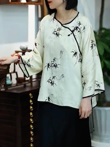 QINGNAER | Oversized Long Sleeve Zen Style Retro Printed Shirt